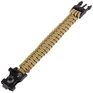 Bransoletka Paracord 9" klamra z gwizdkiem i kompasem - Coyote