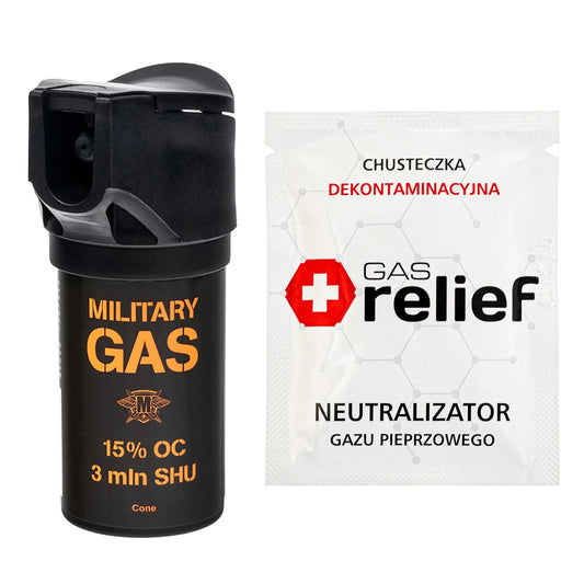 Gaz pieprzowy Military Gas 50 ml stożek + chusteczka neutralizująca Gas Relief - zestaw