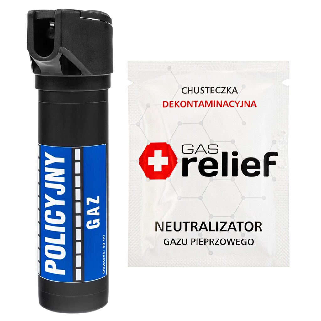 Gaz pieprzowy Policyjny 90 ml strumień + chusteczka neutralizująca Gas Relief - zestaw