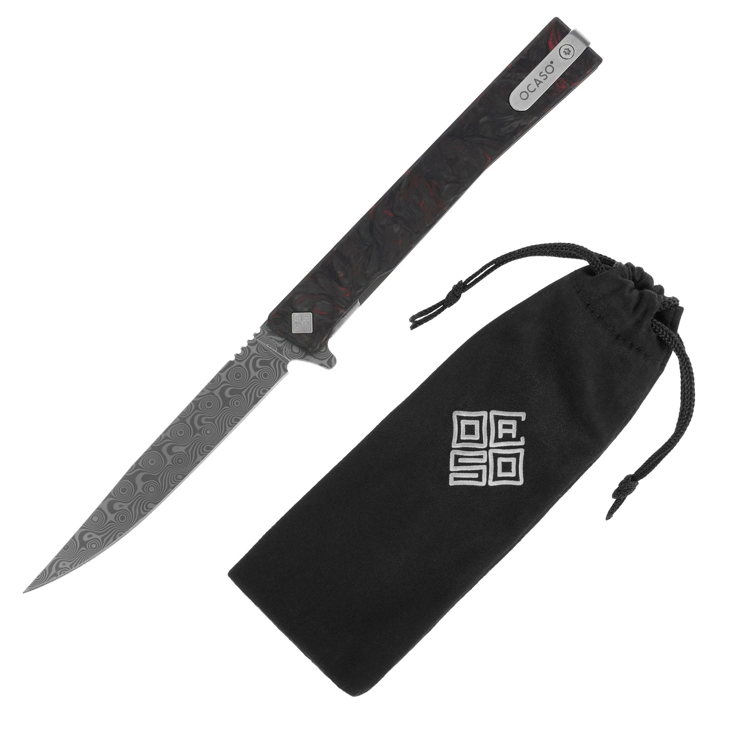 Nóż składany Ocaso Solstice Damascus Fat Carbon - Dark Matter Red