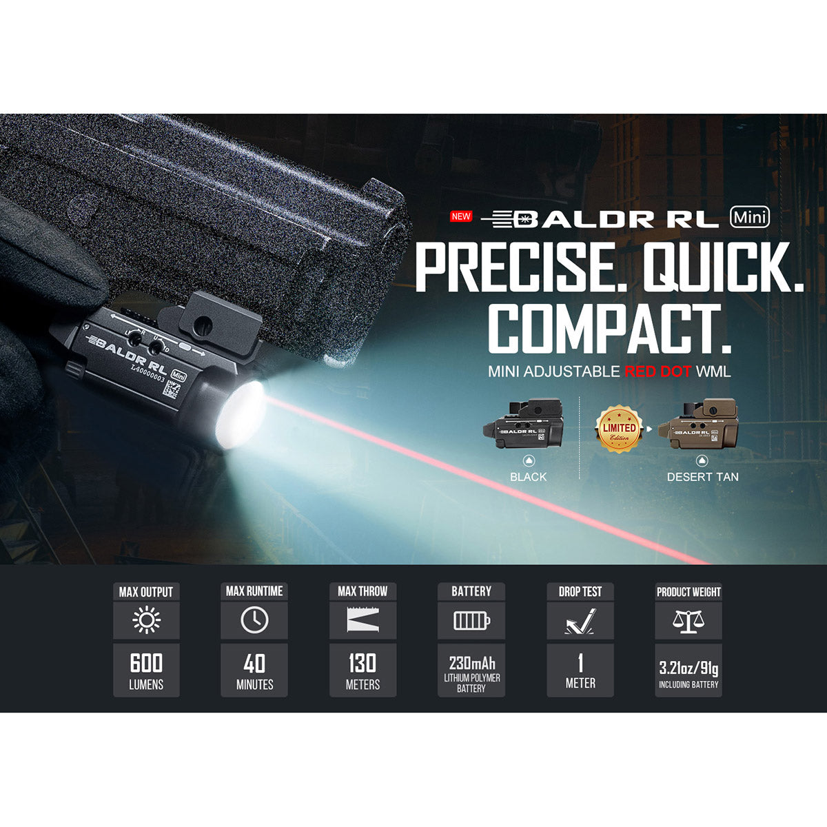 Latarka na broń z celownikiem laserowym Olight BALDR Mini RL - 600 lumenów, Red Laser