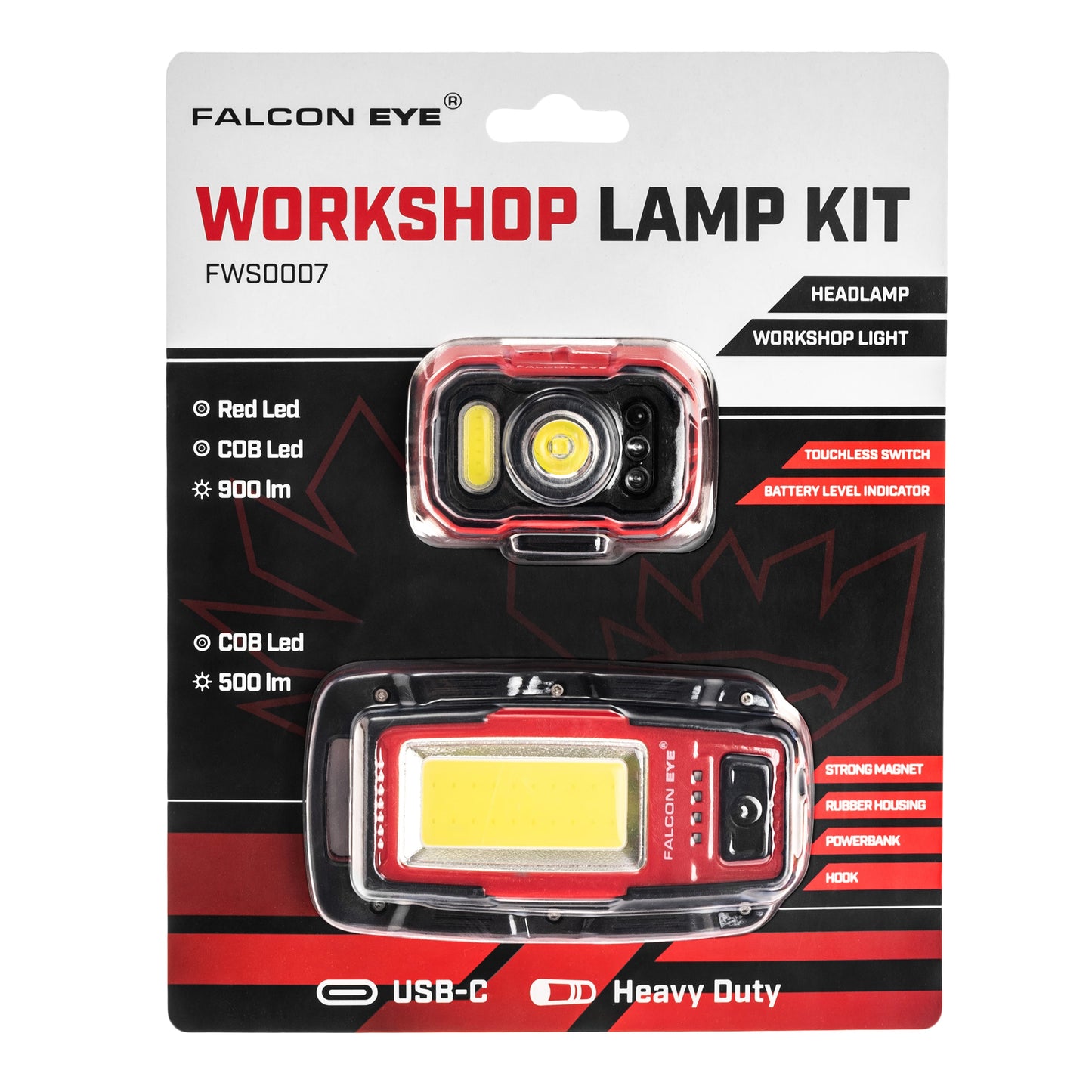 Zestaw latarek Mactronic Falcon Eye - latarka czołowa 900 lumenów + latarka warsztatowa 500 lumenów