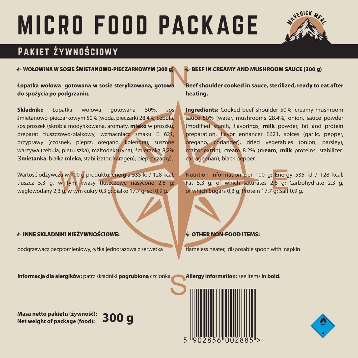 Danie gotowe Maverick Food Wołowina w sosie śmietanowo-pieczarkowym 300 g - zestaw Micro z podgrzewaczem