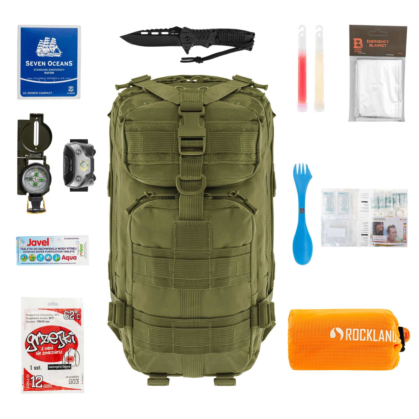 Plecak ewakuacyjny Badger Outdoor Recon 25 l Olive - z wyposażeniem