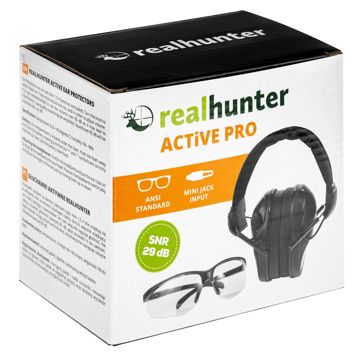 Ochronniki słuchu aktywne RealHunter Active Pro z okularami - Black