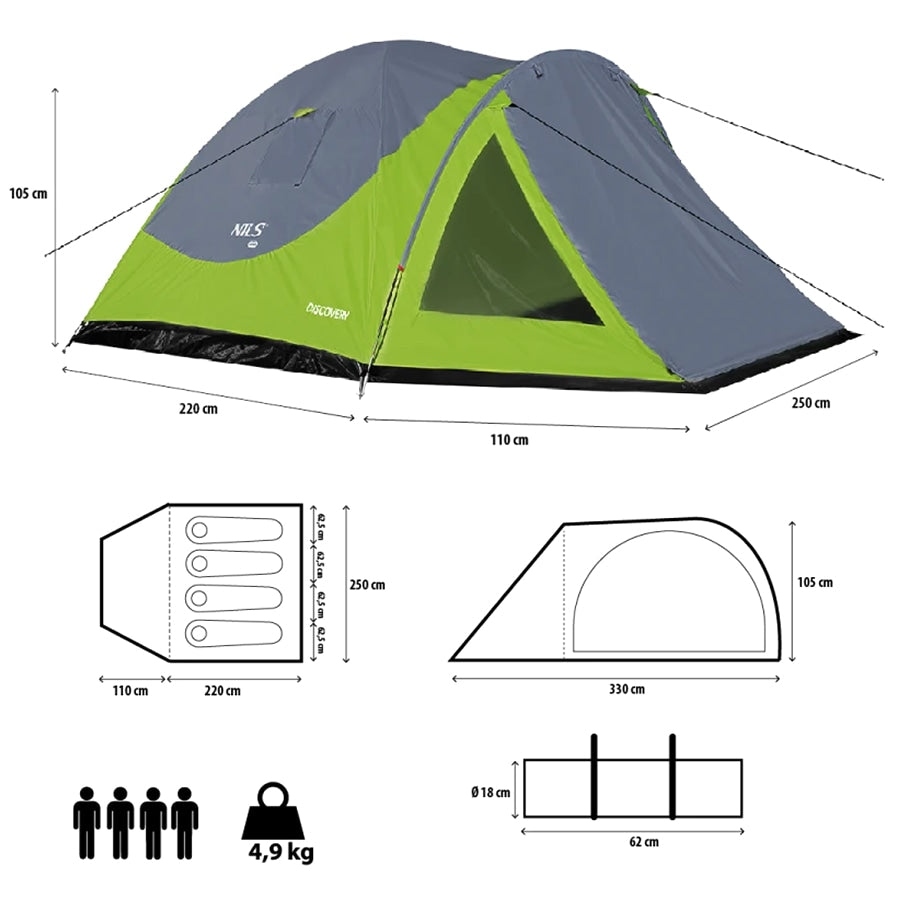 Namiot 4-osobowy Nils Camp Discovery NC6006 - Zielono-Szary