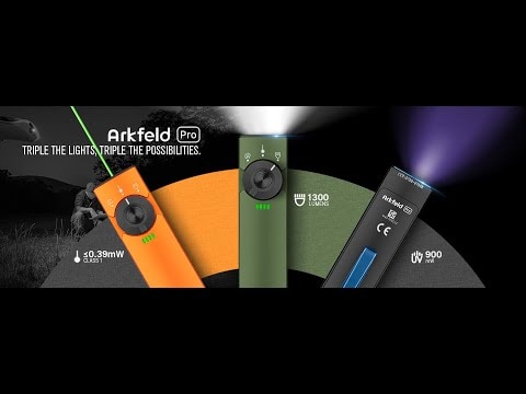 Latarka ze wskaźnikiem laserowym Olight Arkfeld Pro UV Cool White OD Green - 1300 lumenów