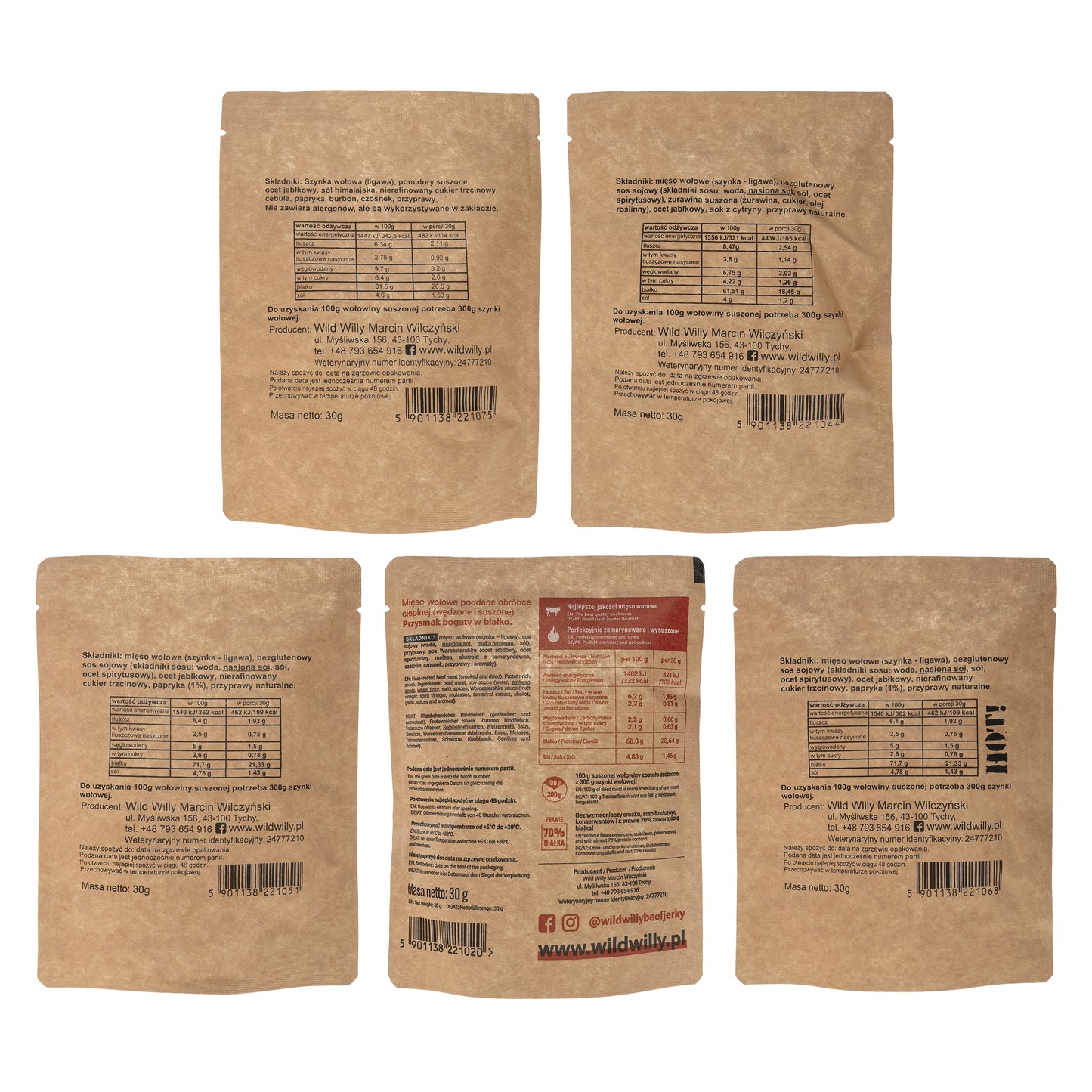 Suszona wołowina Wild Willy Beef Jerky Classic/ BBQ/ Papryka/Papryka Hot!/Żurawina 5 x 30 g