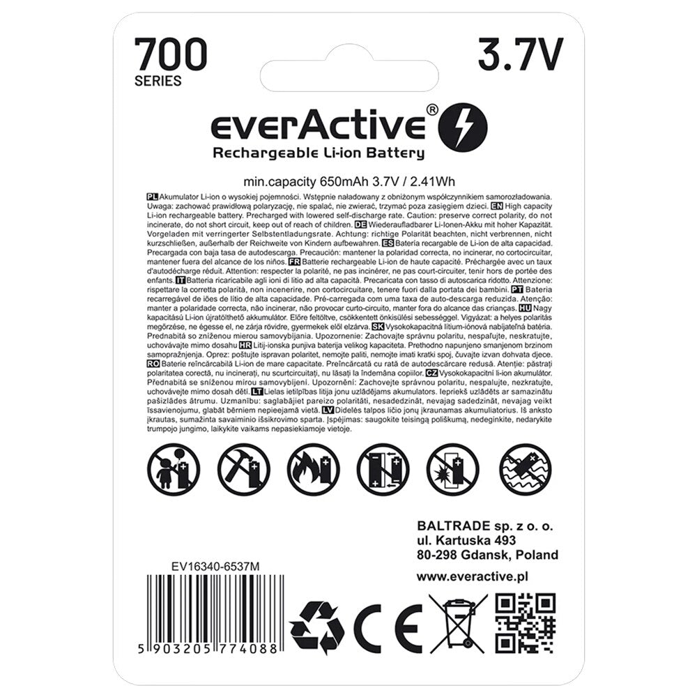 Akumulator 3,7 V everActive 16340 z zabezpieczeniem - 700 mAh