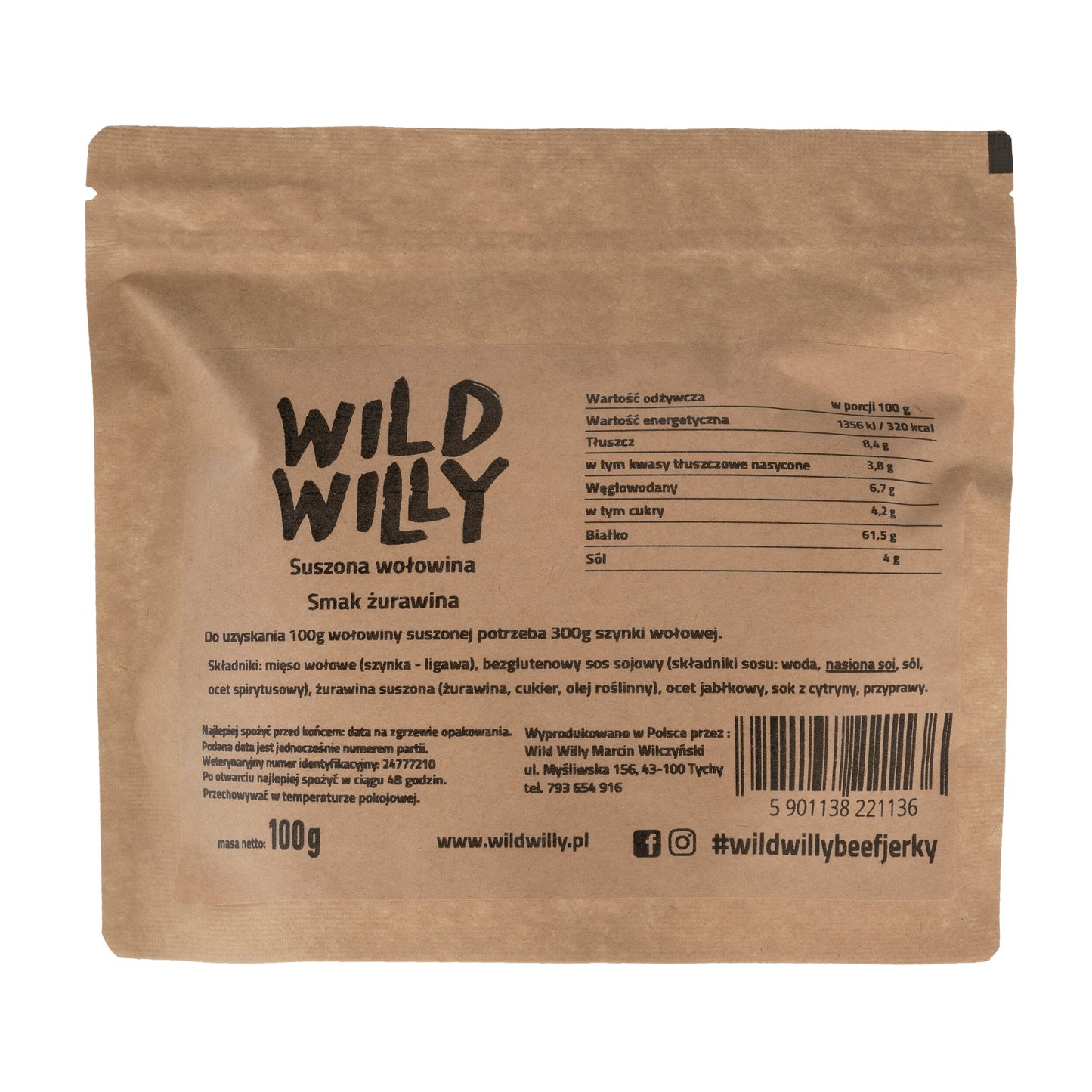 Suszona wołowina Wild Willy Beef Jerky Żurawina 100 g