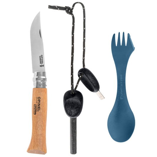 Nóż składany Opinel No.9 Carbon +  krzesiwo + spork Light My Fire - zestaw