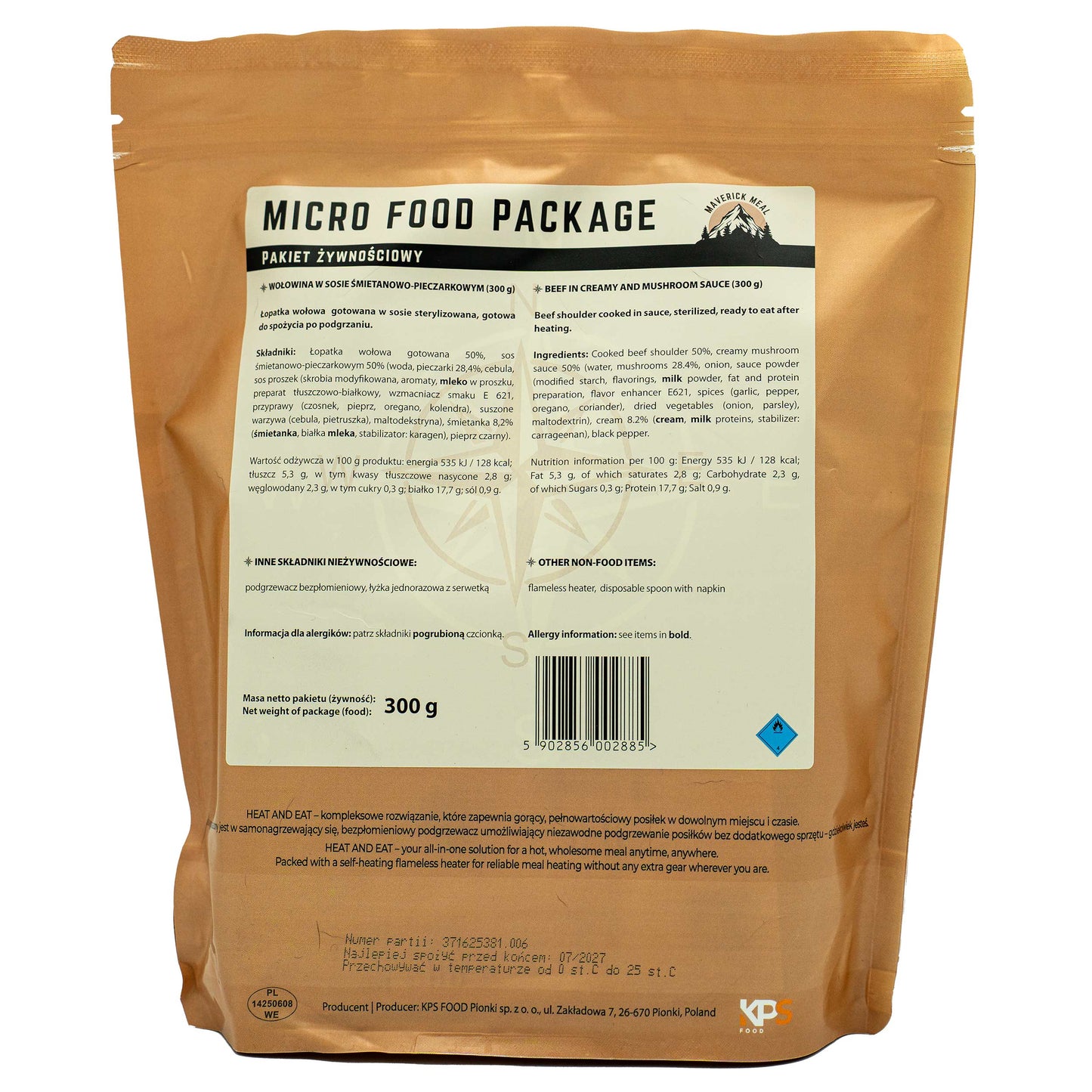 Danie gotowe Maverick Food Wołowina w sosie śmietanowo-pieczarkowym 300 g - zestaw Micro z podgrzewaczem