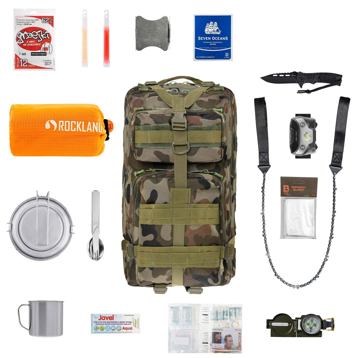 Plecak ewakuacyjny Badger Outdoor Recon 40 l wz.93 Pantera PL Woodland Medium - z wyposażeniem
