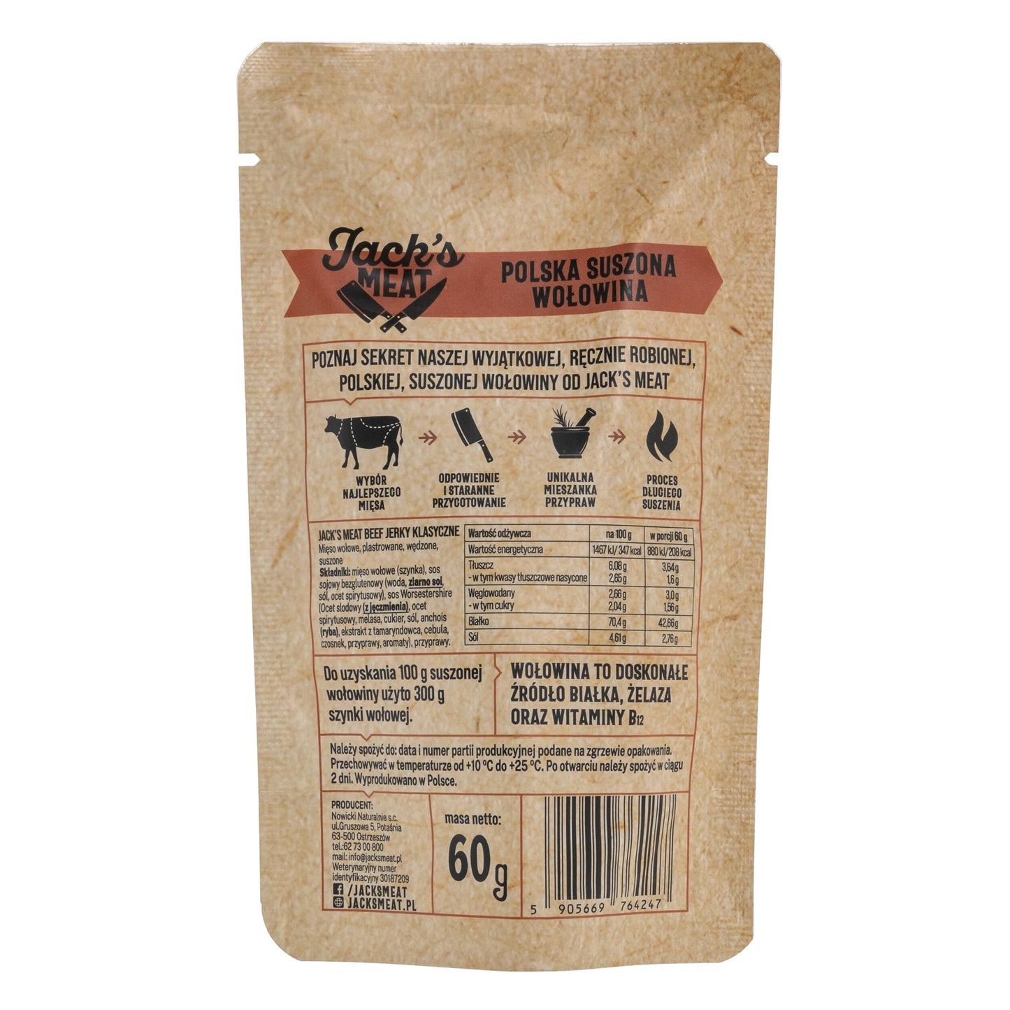 Suszona wołowina Jack's Meat Beef Jerky smak klasyczny 60 g - 3 szt.