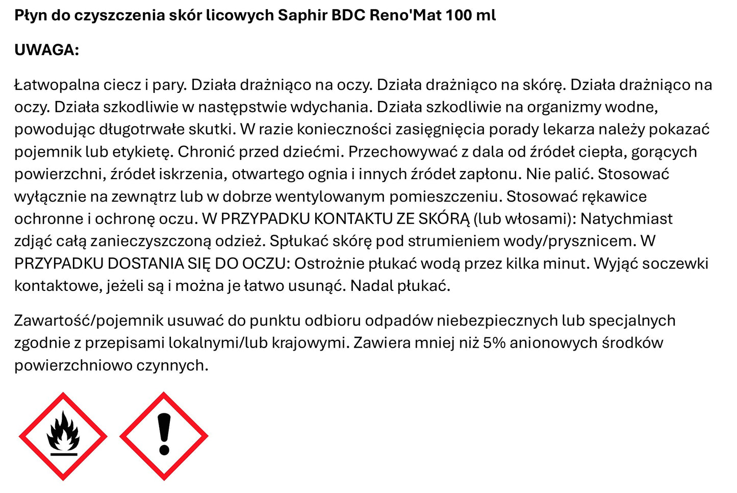 Płyn do czyszczenia skór licowych Saphir BDC Reno'Mat 100 ml