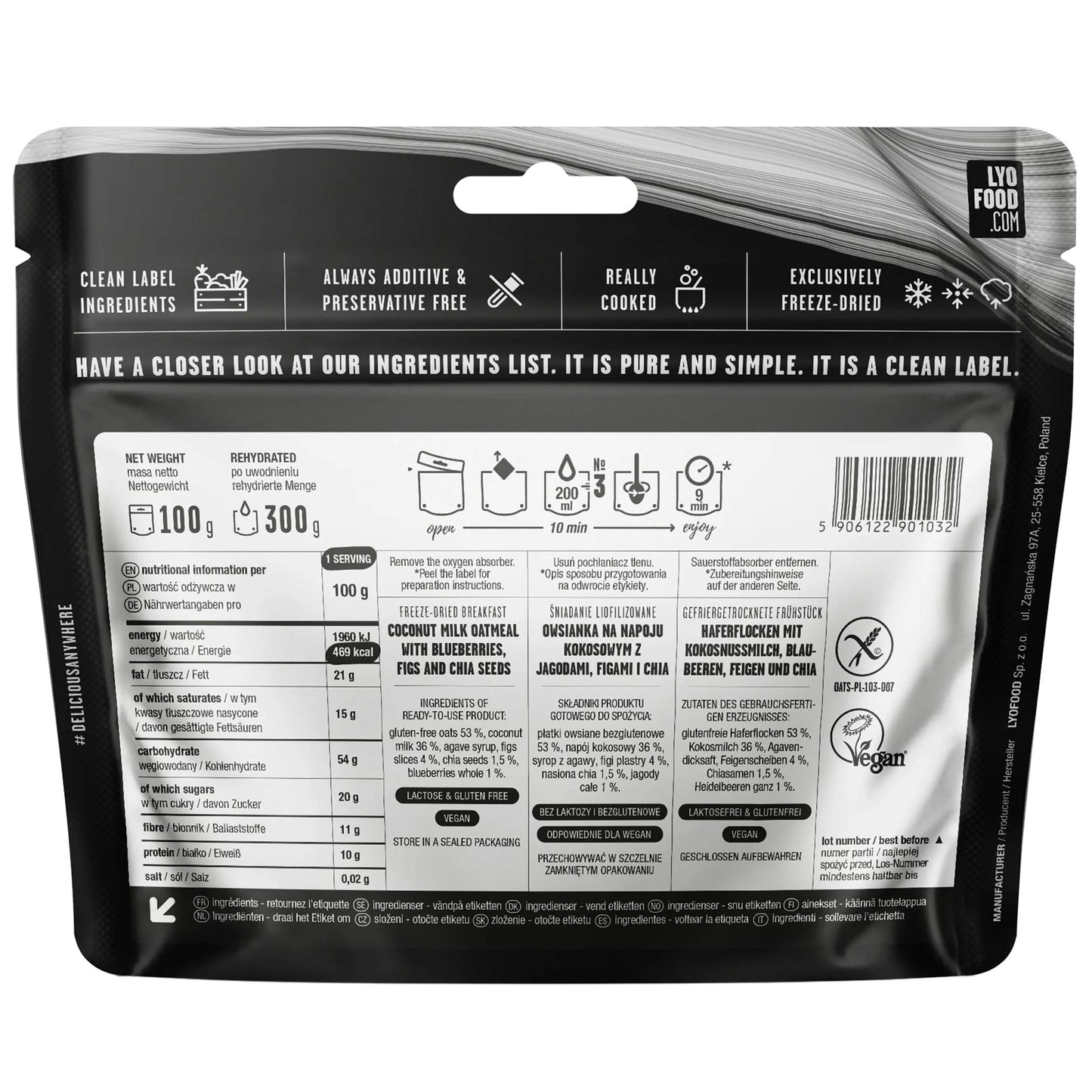 Żywność liofilizowana LYOFOOD Owsianka kokosowa z jagodami, figami i nasionami chia 300 g