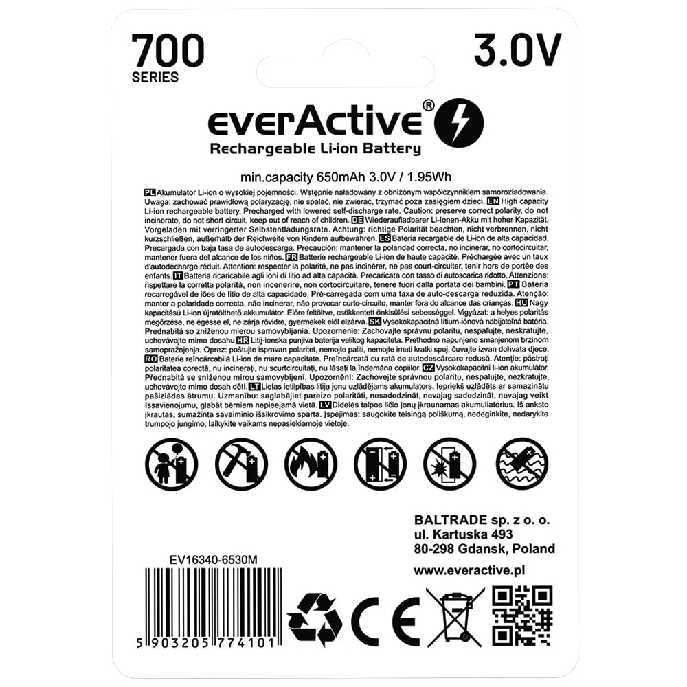 Akumulator 3 V everActive 16340 z zabezpieczeniem - 700 mAh