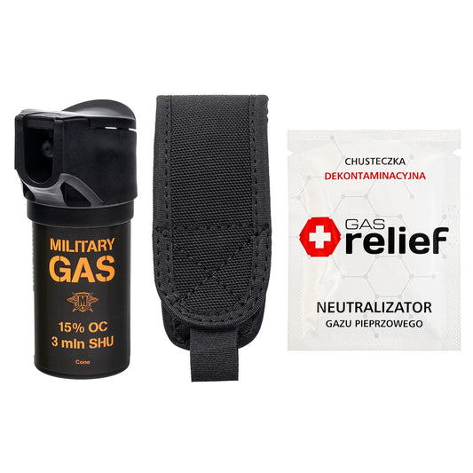 Gaz pieprzowy Military Gas 50 ml stożek + chusteczka neutralizująca Gas Relief + kabura - zestaw