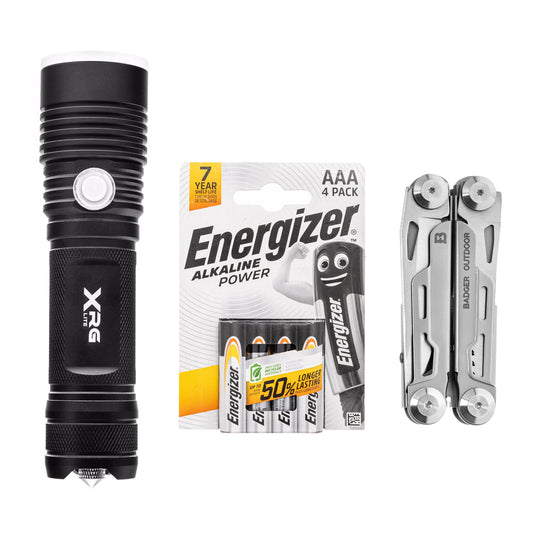 Latarka akumulatorowa XRG RX80 XP-L - 800 lumenów + multitool Badger Outdoor Thorn + bateria Energizer AAA - 4 szt. - zestaw