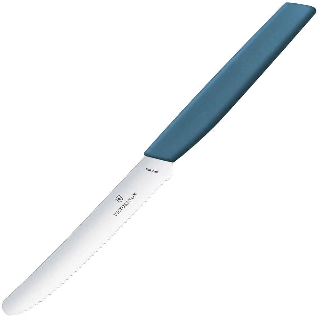 Nóż kuchenny Victorinox Swiss Modern Cornflower Blue 11 cm - ząbkowany z zaokrąglonym czubkiem