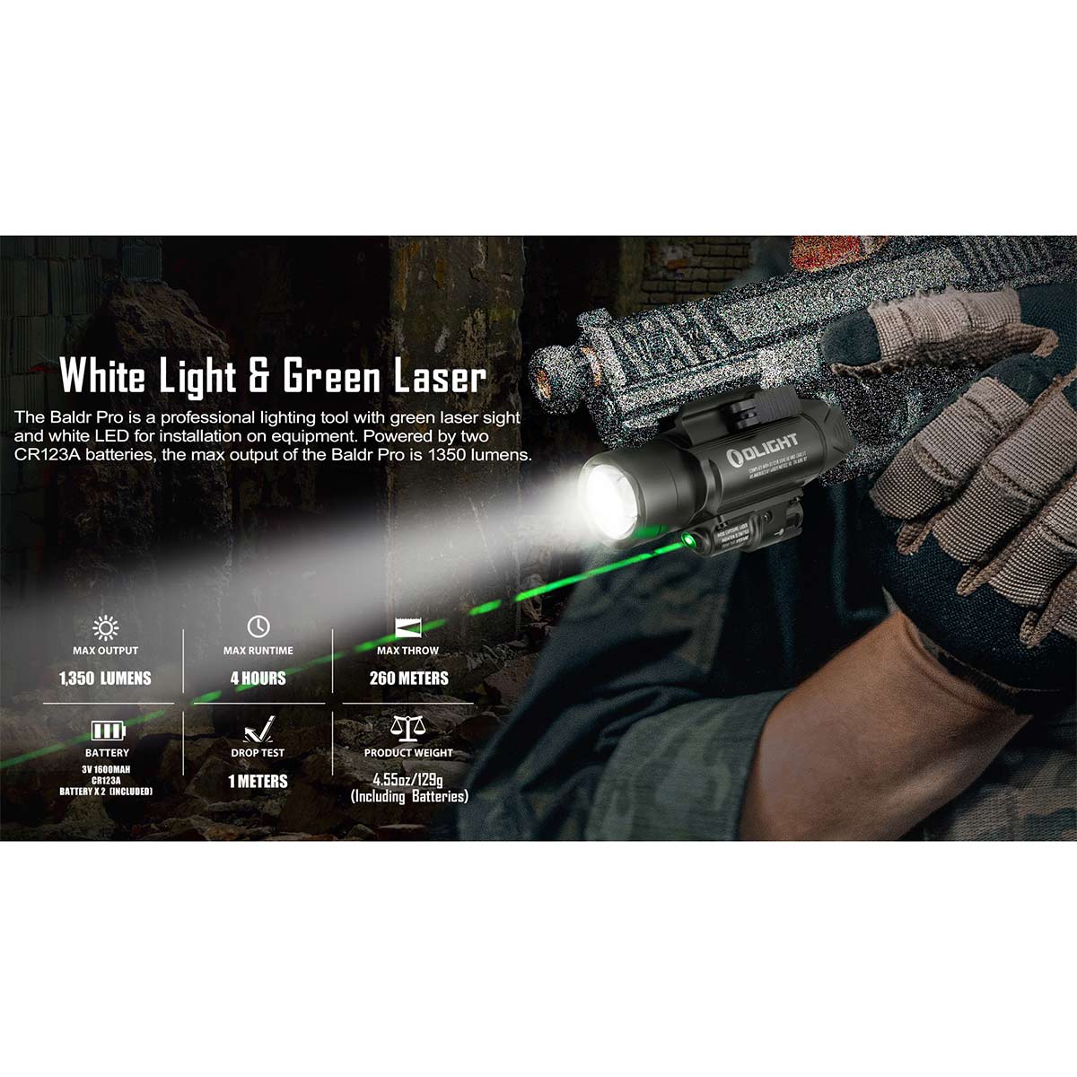 Latarka na broń z celownikiem laserowym Olight BALDR Pro - 1350 lumenów, Green Laser