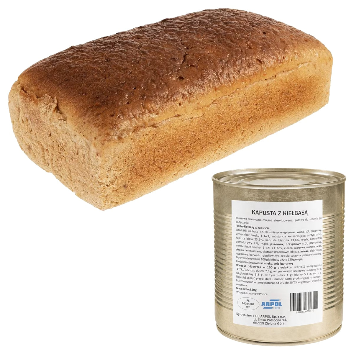 Chleb pytlowy 700 g + kapusta z kiełbasą Arpol 850 g - zestaw