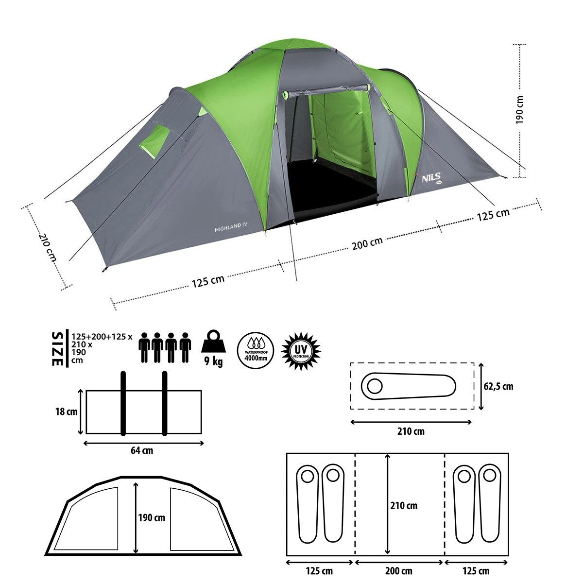 Namiot 4-osobowy Nils Camp Highland IV NC6431 - Zielono-Szary
