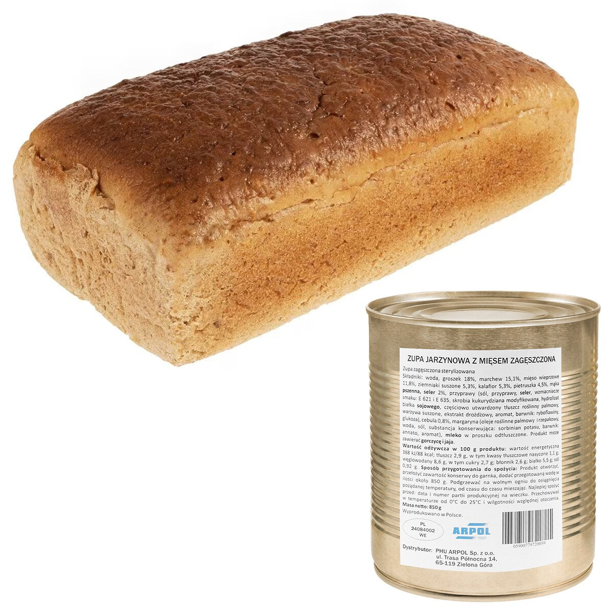 Chleb pytlowy 700 g + zupa jarzynowa z mięsem zagęszczona Arpol 850 g - zestaw