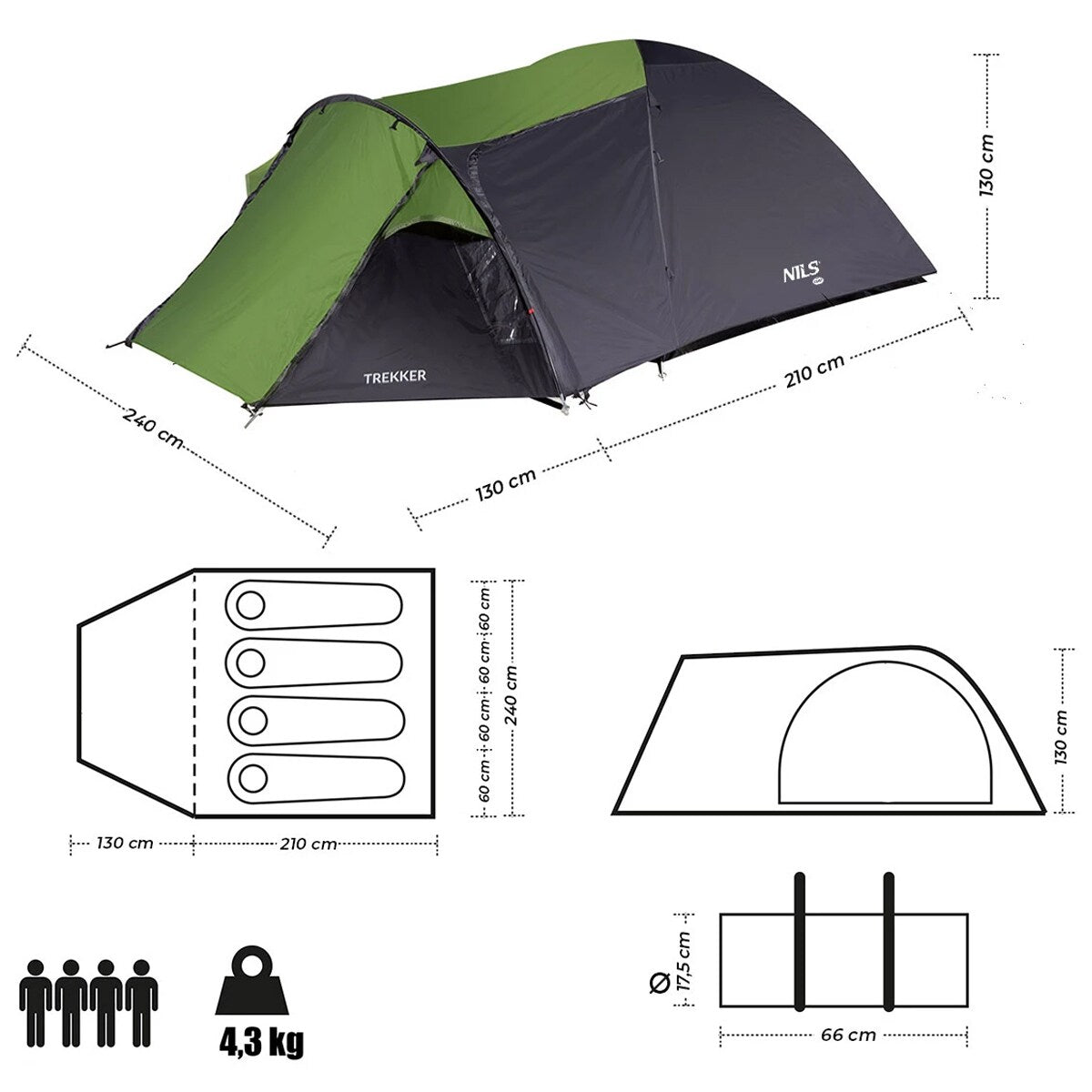 Namiot 4-osobowy Nils Camp Trekker NC6012 - Czarno-Zielony