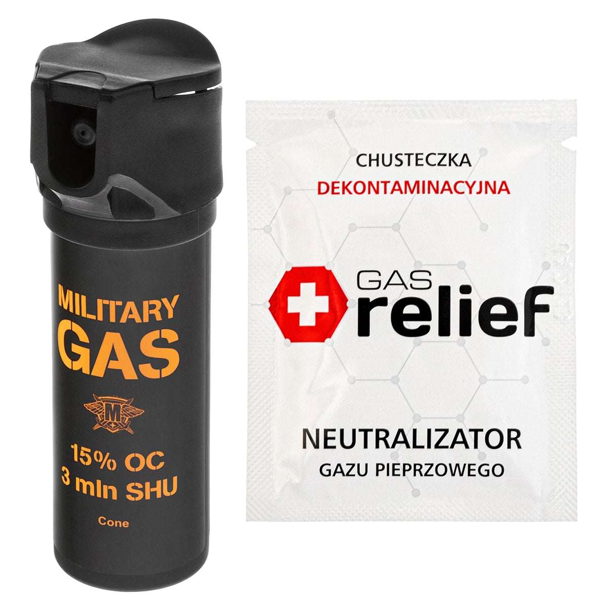Gaz pieprzowy Military Gas 75 ml stożek + chusteczka neutralizująca Gas Relief - zestaw