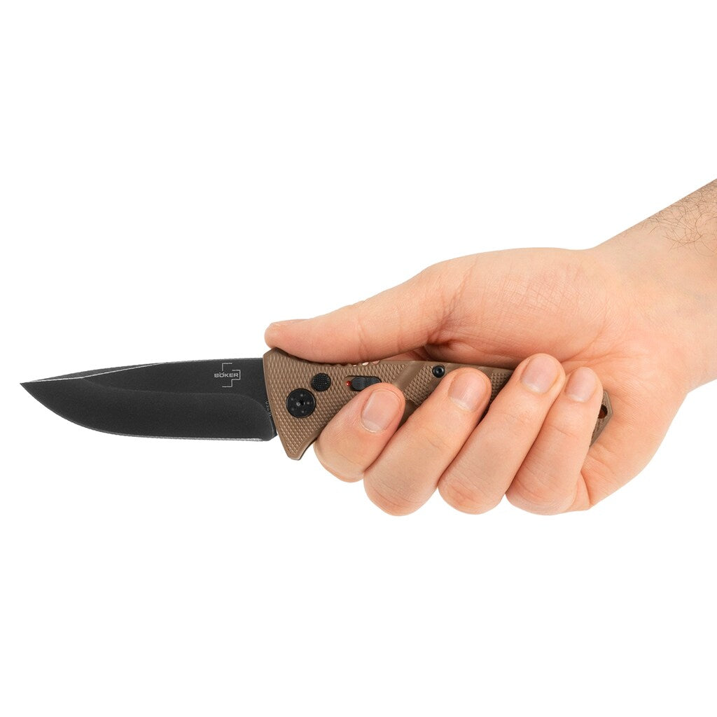 Nóż sprężynowy Boker Plus Strike Spearpoint Coyote